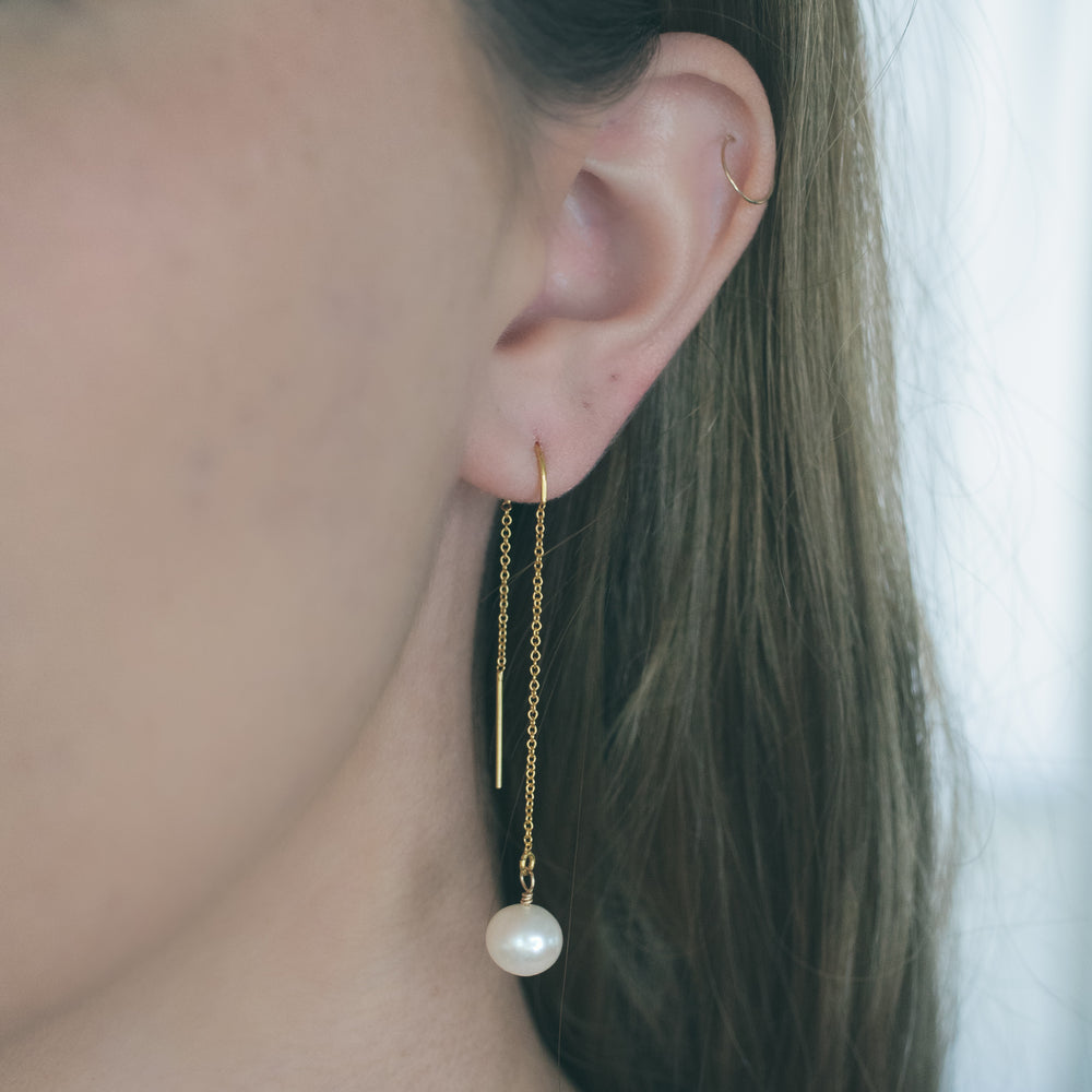 Sterling Silver Long Drop Freshwater Pearl Bead Threader Earrings